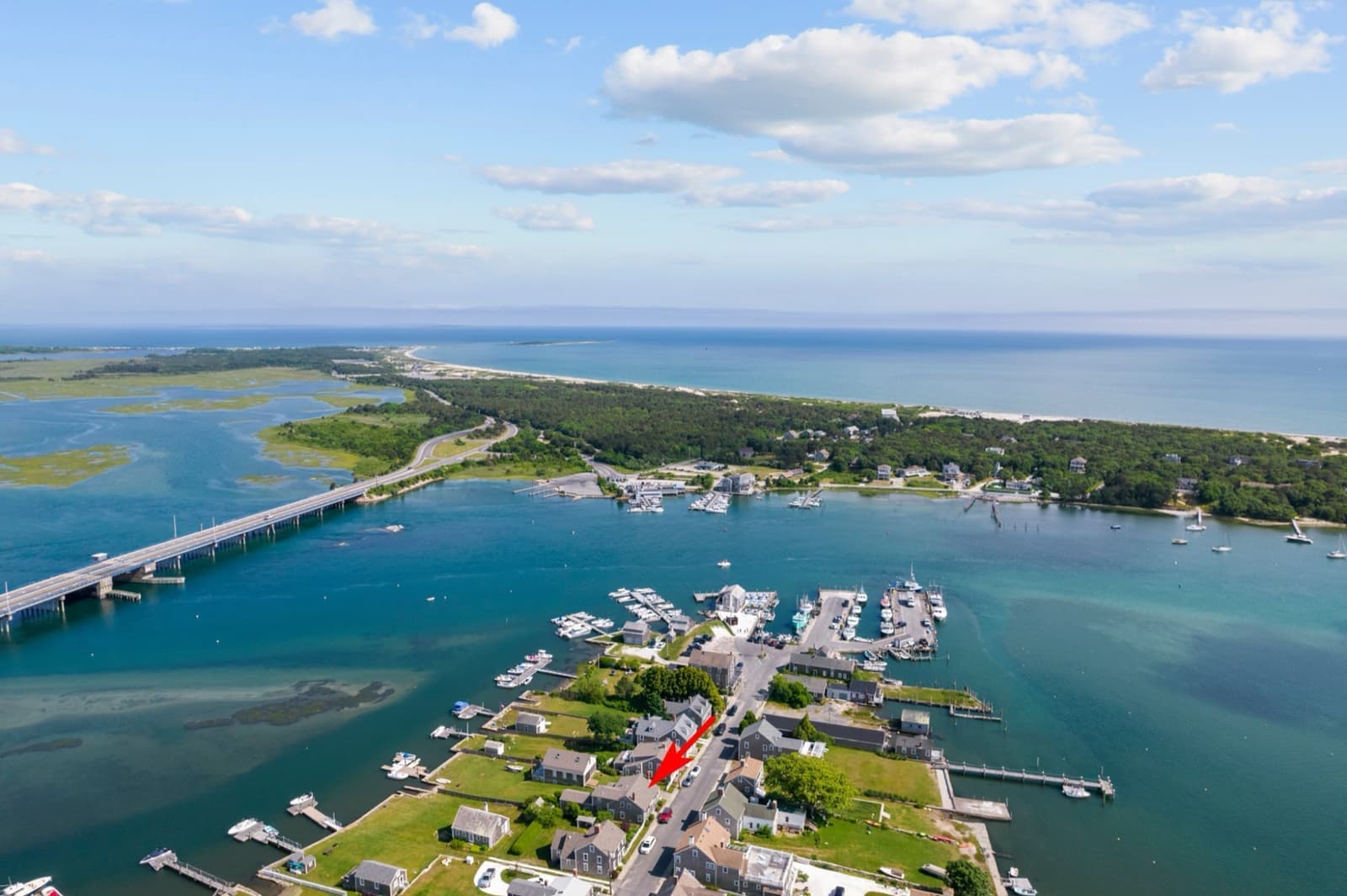 Aerial of Westport Point with arrow marking 2042 Main Road