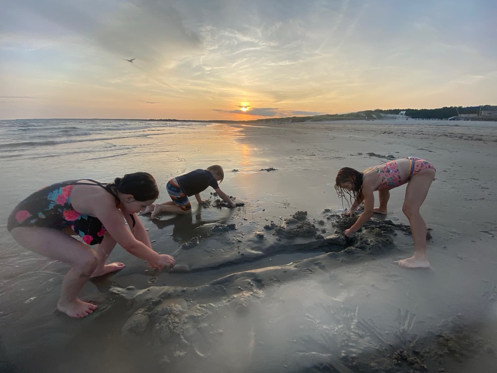 Kids on Horseneck Beach at sunset