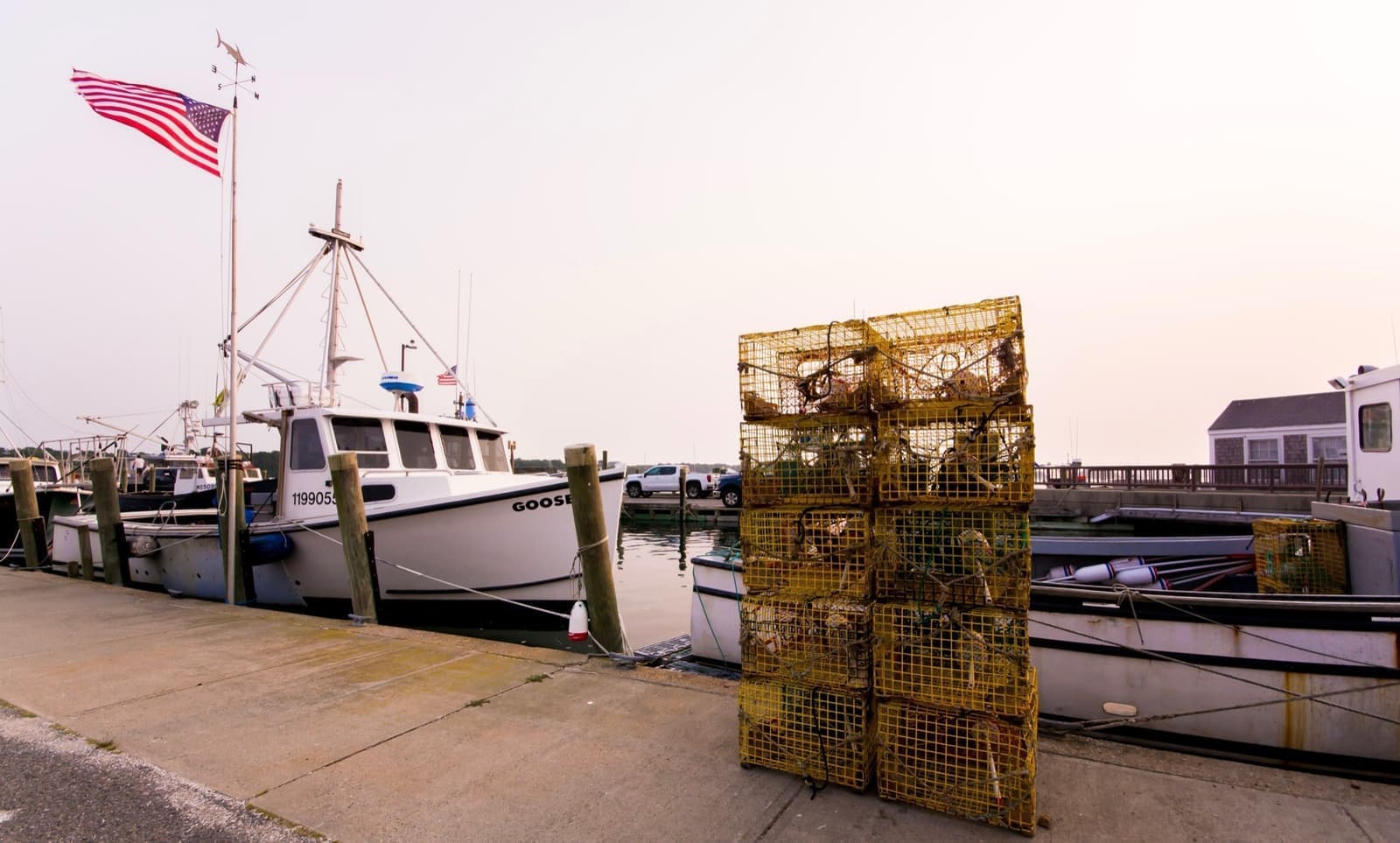 Lobster boat and traps at Westport Point harbor